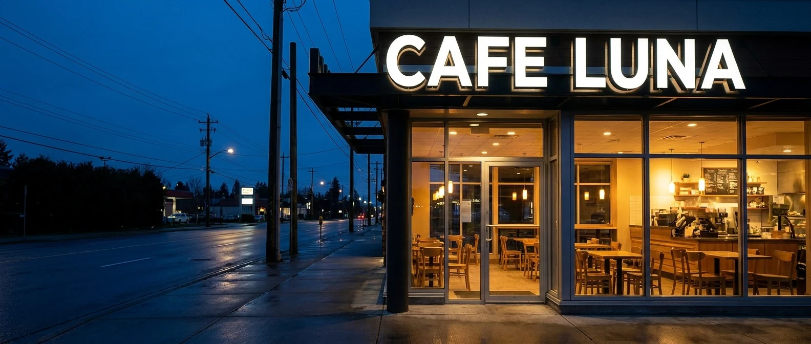 カフェの店先で光るチャンネル文字
