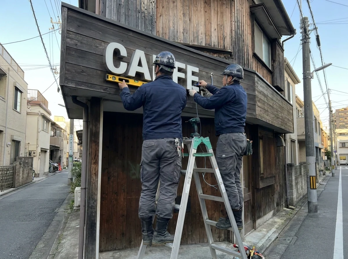 店先に文字を取り付ける作業